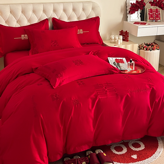 91家纺网 家纺一手货源 找家纺 千希家纺 2024新款加厚磨毛婚庆四件套 喜事多多