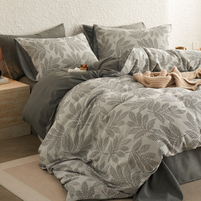 91家纺网 家纺一手货源 找家纺 慕尚家纺 2025新款磨毛提花双层纱四件套 森木灰