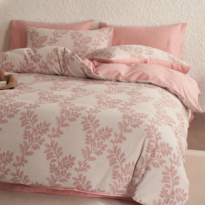 91家纺网 家纺一手货源 找家纺 慕尚家纺 2025新款磨毛提花双层纱四件套 慕叶粉