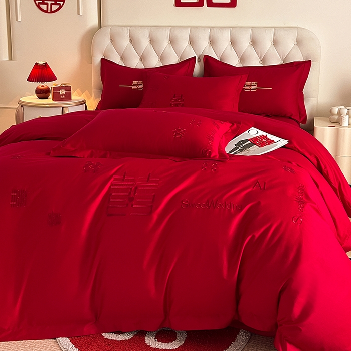 91家纺网 家纺一手货源 找家纺 千希家纺 2024新款加厚磨毛婚庆四件套 喜事多多