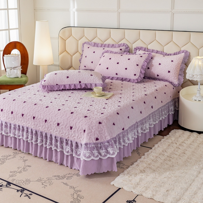 91家纺网 家纺一手货源 找家纺 美莱家纺 2024直播热款加厚秋冬牛奶绒床盖单件床罩床盖四件套 紫爱心