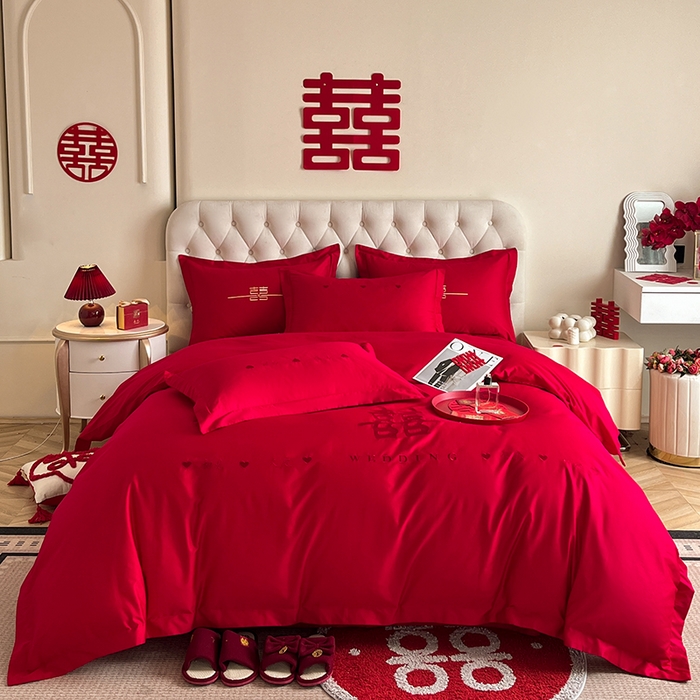 91家纺网 家纺一手货源 找家纺 千希家纺 2024新款加厚磨毛婚庆四件套 喜庆