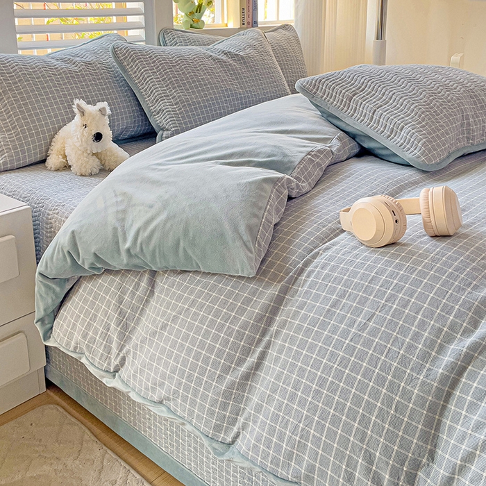 91家纺网 家纺一手货源 找家纺 羽爱家纺 2024新款全棉色织水洗宝宝绒床盖四件套 兰香谷