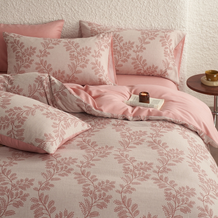 91家纺网 家纺一手货源 找家纺 慕尚家纺 2025新款磨毛提花双层纱四件套 慕叶粉