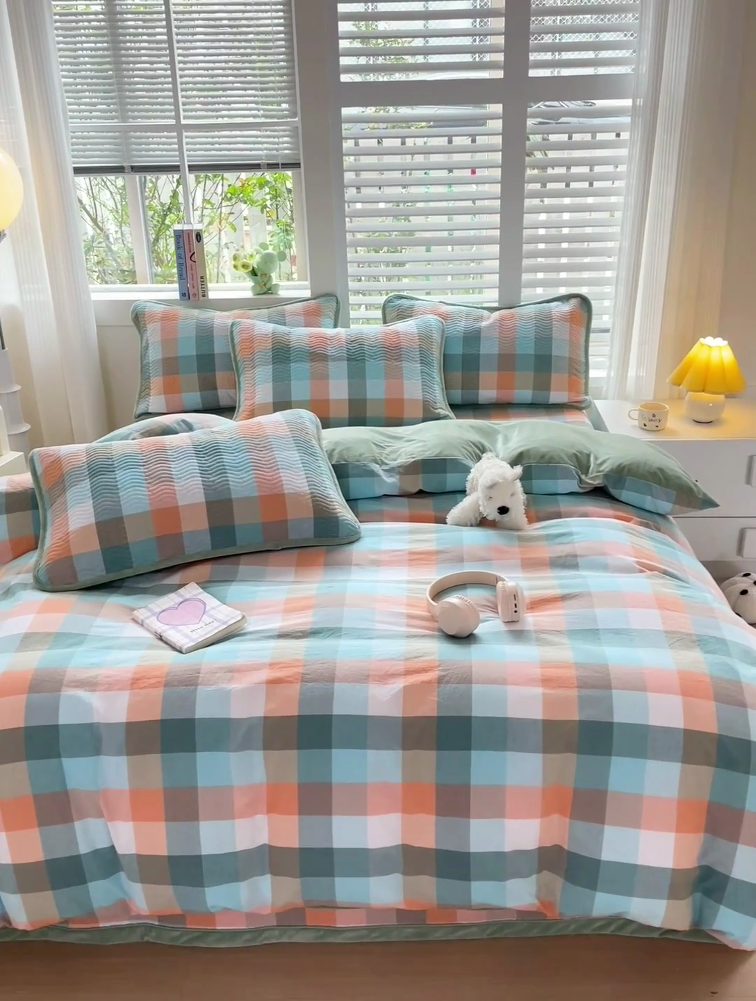 91家纺网 家纺一手货源 找家纺 羽爱家纺 2024新款全棉色织水洗宝宝绒床盖四件套 桔小格