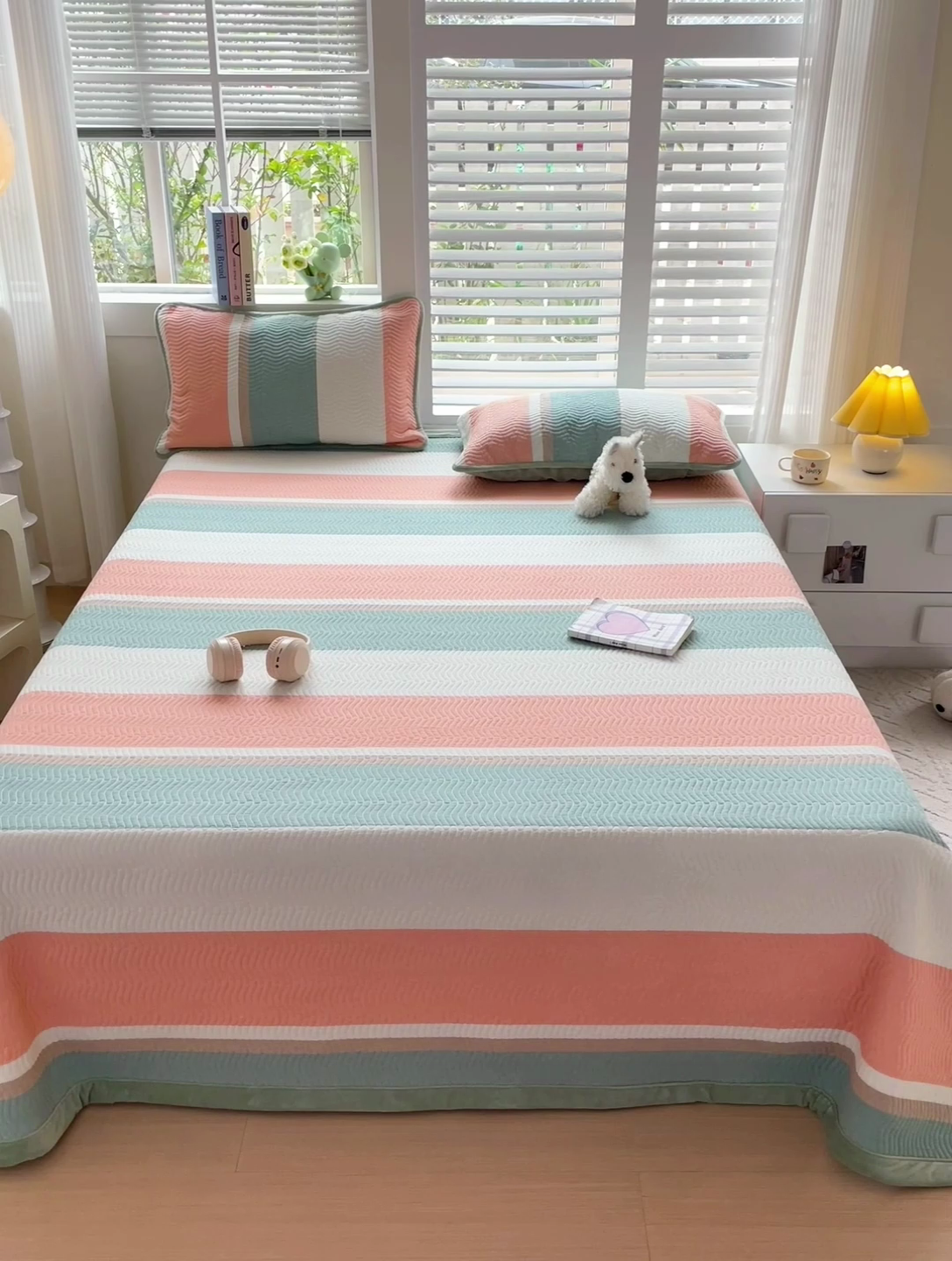 91家纺网 家纺一手货源 找家纺 羽爱家纺 2024新款全棉色织水洗宝宝绒床盖三件套 绿橘