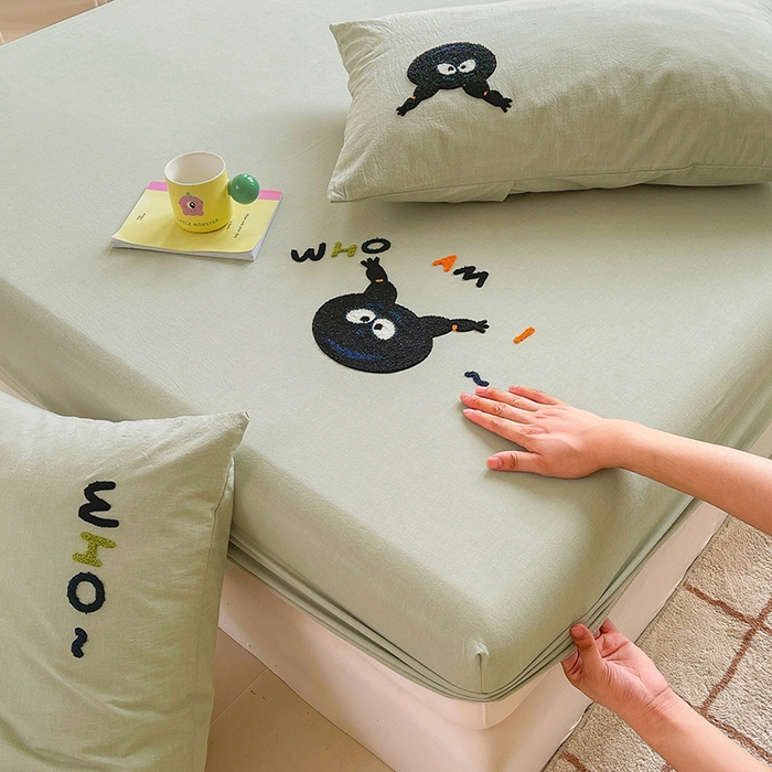 91家纺网 家纺一手货源 找家纺 3C 2024新款全棉色织水洗棉可爱毛巾绣床笠 黑乖乖-绿