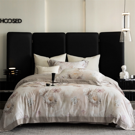 91家纺网 家纺一手货源 找家纺 初拾 2024新款60s天丝棉磨毛数码印花四件套 花簇-浅紫