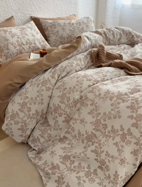 91家纺网 家纺一手货源 找家纺 慕尚家纺 2025新款磨毛提花双层纱四件套 清雅咖