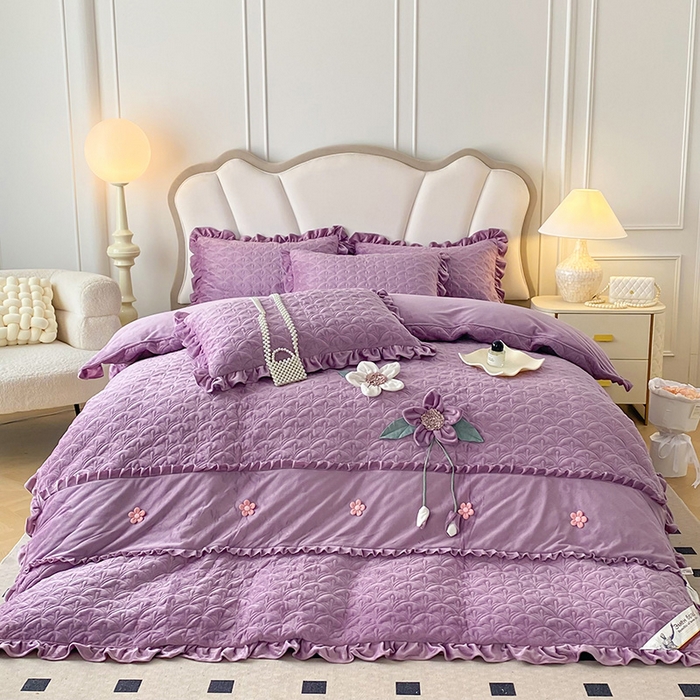 91家纺网 家纺一手货源 找家纺 兴美佳家纺 2024新款水晶绒全加棉床盖四件套-冬之恋 冬之恋-紫色
