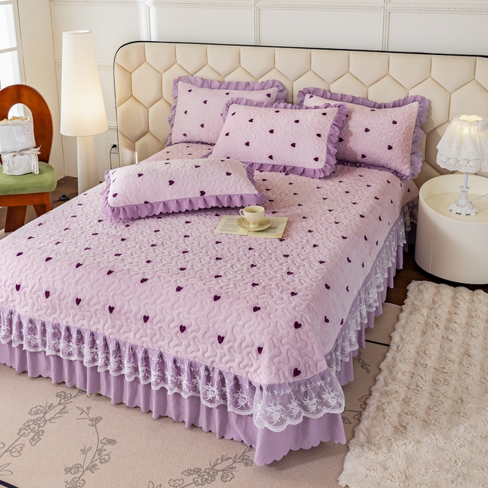 91家纺网 家纺一手货源 找家纺 美莱家纺 2024直播热款加厚秋冬牛奶绒床盖单件床罩床盖四件套 紫爱心