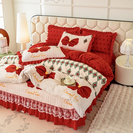 91家纺网 家纺一手货源 找家纺 美莱家纺 2024直播热款加厚秋冬牛奶绒床盖单件床罩床盖四件套 蝴蝶结