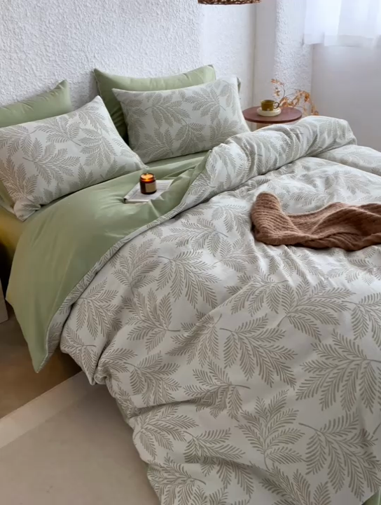 91家纺网 家纺一手货源 找家纺 慕尚家纺 2025新款磨毛提花双层纱四件套 森木绿