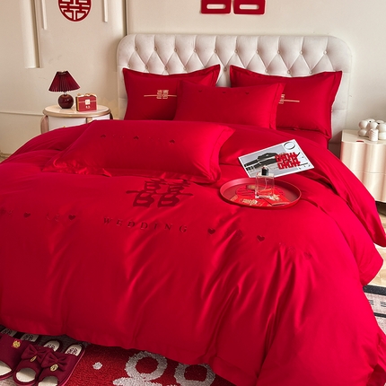 91家纺网 家纺一手货源 找家纺 千希家纺 2024新款加厚磨毛婚庆四件套 喜庆