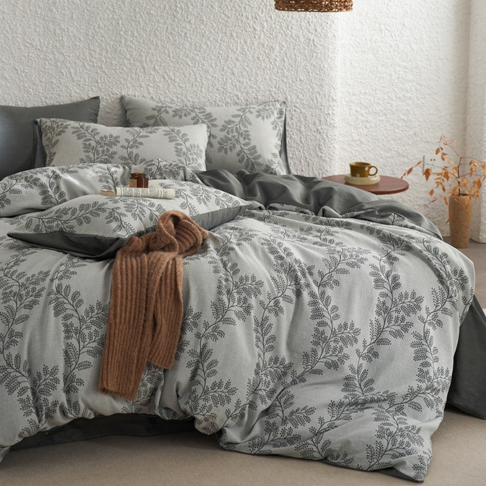 91家纺网 家纺一手货源 找家纺 慕尚家纺 2025新款磨毛提花双层纱四件套 慕叶灰