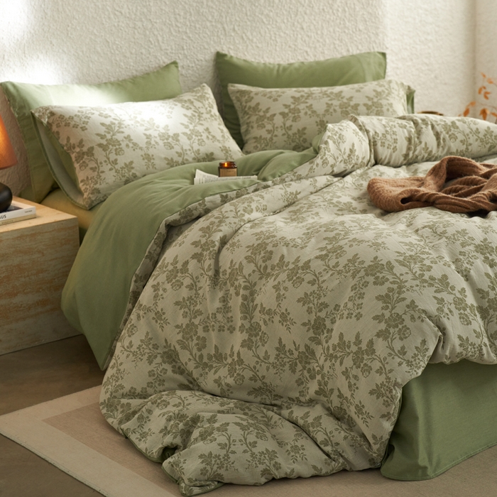 91家纺网 家纺一手货源 找家纺 慕尚家纺 2025新款磨毛提花双层纱四件套 清雅绿