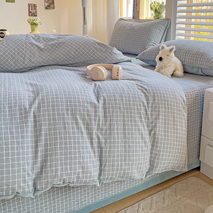 91家纺网 家纺一手货源 找家纺 羽爱家纺 2024新款全棉色织水洗宝宝绒床盖四件套 兰香谷