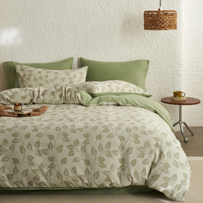 91家纺网 家纺一手货源 找家纺 慕尚家纺 2025新款磨毛提花双层纱四件套 叶韵绿