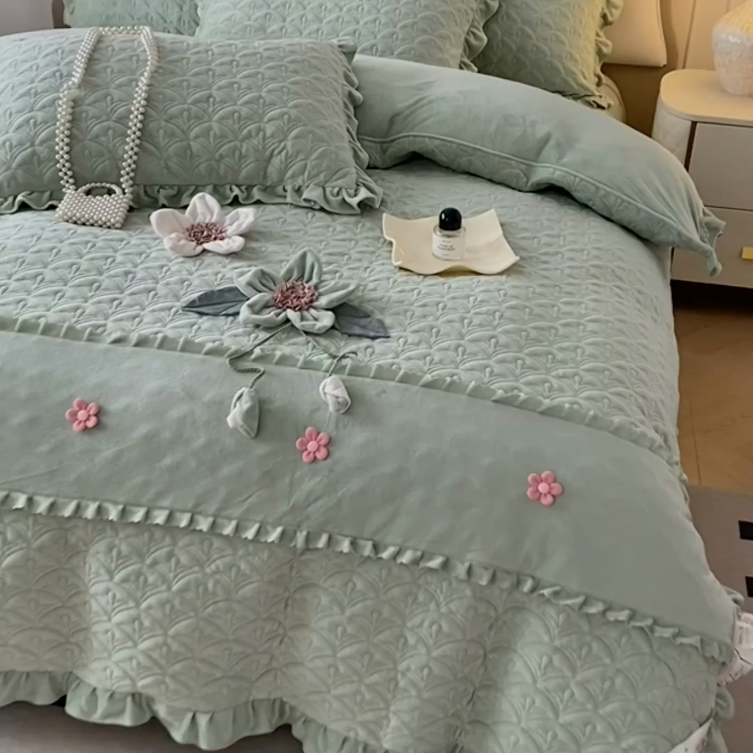 91家纺网 家纺一手货源 找家纺 兴美佳家纺 2024新款水晶绒全加棉床盖四件套-冬之恋 冬之恋-绿色