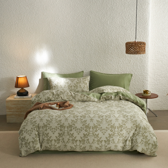 91家纺网 家纺一手货源 找家纺 慕尚家纺 2025新款磨毛提花双层纱四件套 清雅绿