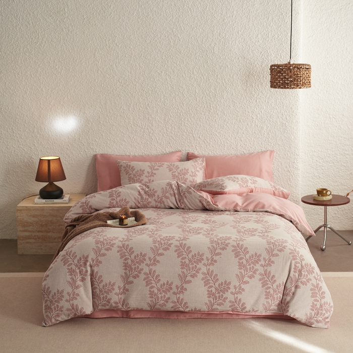 91家纺网 家纺一手货源 找家纺 慕尚家纺 2025新款磨毛提花双层纱四件套 慕叶粉