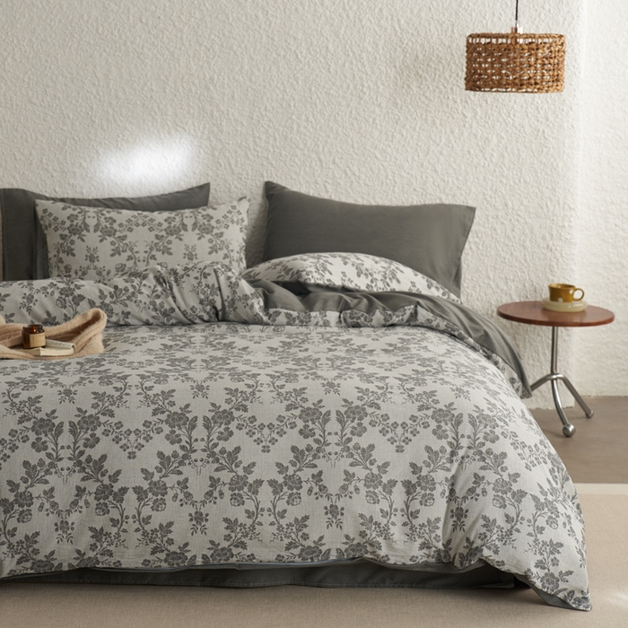 91家纺网 家纺一手货源 找家纺 慕尚家纺 2025新款磨毛提花双层纱四件套 清雅灰