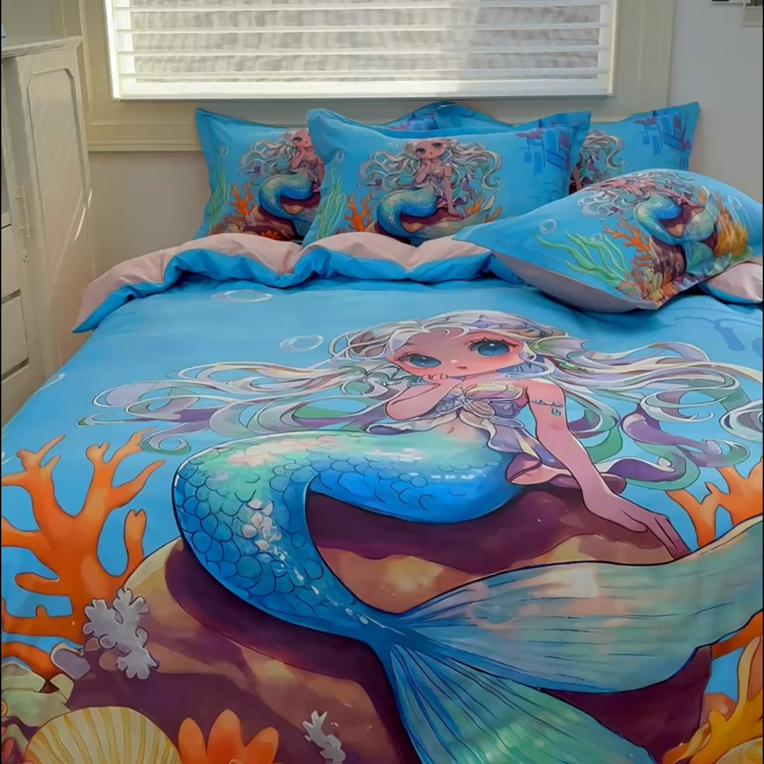 91家纺网 家纺一手货源 找家纺 浩诚 2024新款女孩款全棉大版卡通四件套 人鱼公主