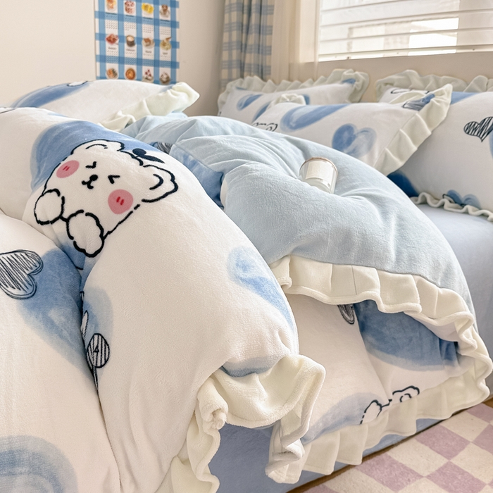 91家纺网 家纺一手货源 找家纺 典曼家纺 2024新款A类韩版牛奶绒四件套 可爱熊