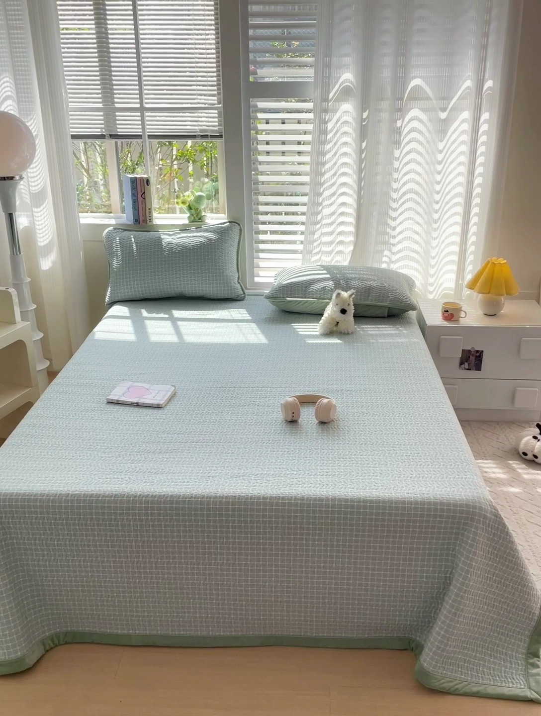 91家纺网 家纺一手货源 找家纺 羽爱家纺 2024新款全棉色织水洗宝宝绒床盖三件套 绿意盎然