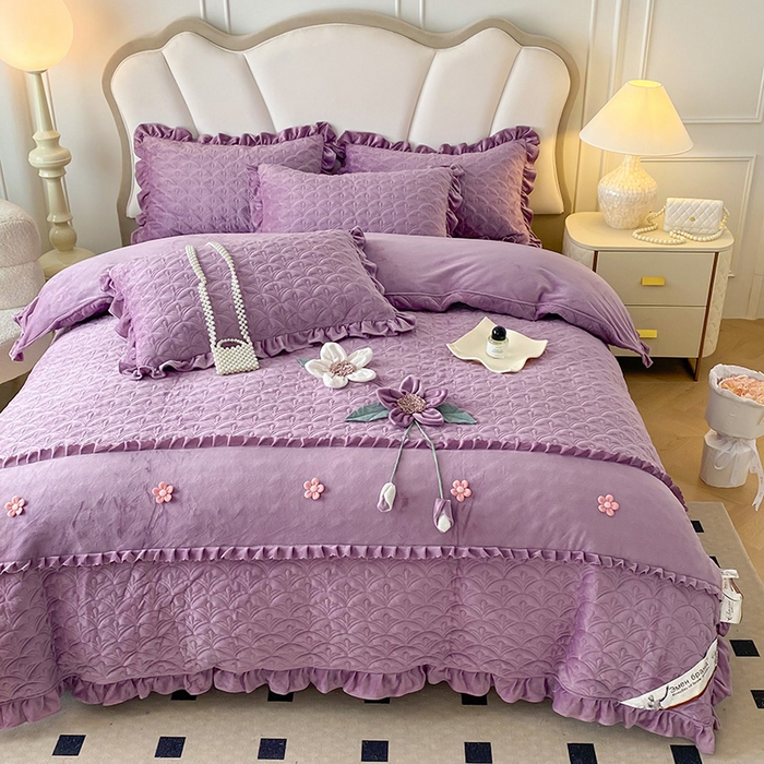 91家纺网 家纺一手货源 找家纺 兴美佳家纺 2024新款水晶绒全加棉床盖四件套-冬之恋 冬之恋-紫色
