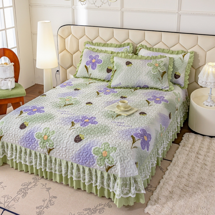 91家纺网 家纺一手货源 找家纺 美莱家纺 2024直播热款加厚秋冬牛奶绒床盖单件床罩床盖四件套 花意满满绿