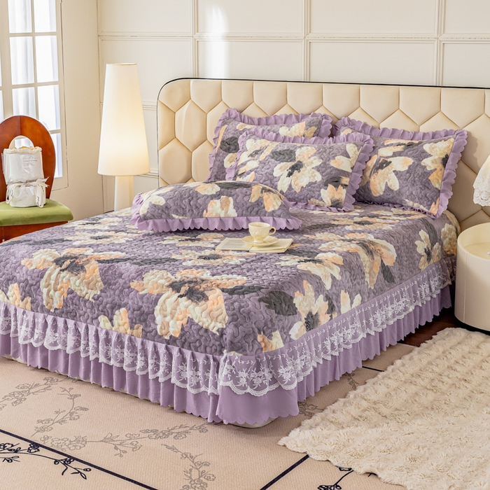 91家纺网 家纺一手货源 找家纺 美莱家纺 2024直播热款加厚秋冬牛奶绒床盖单件床罩床盖四件套 秘境花朵