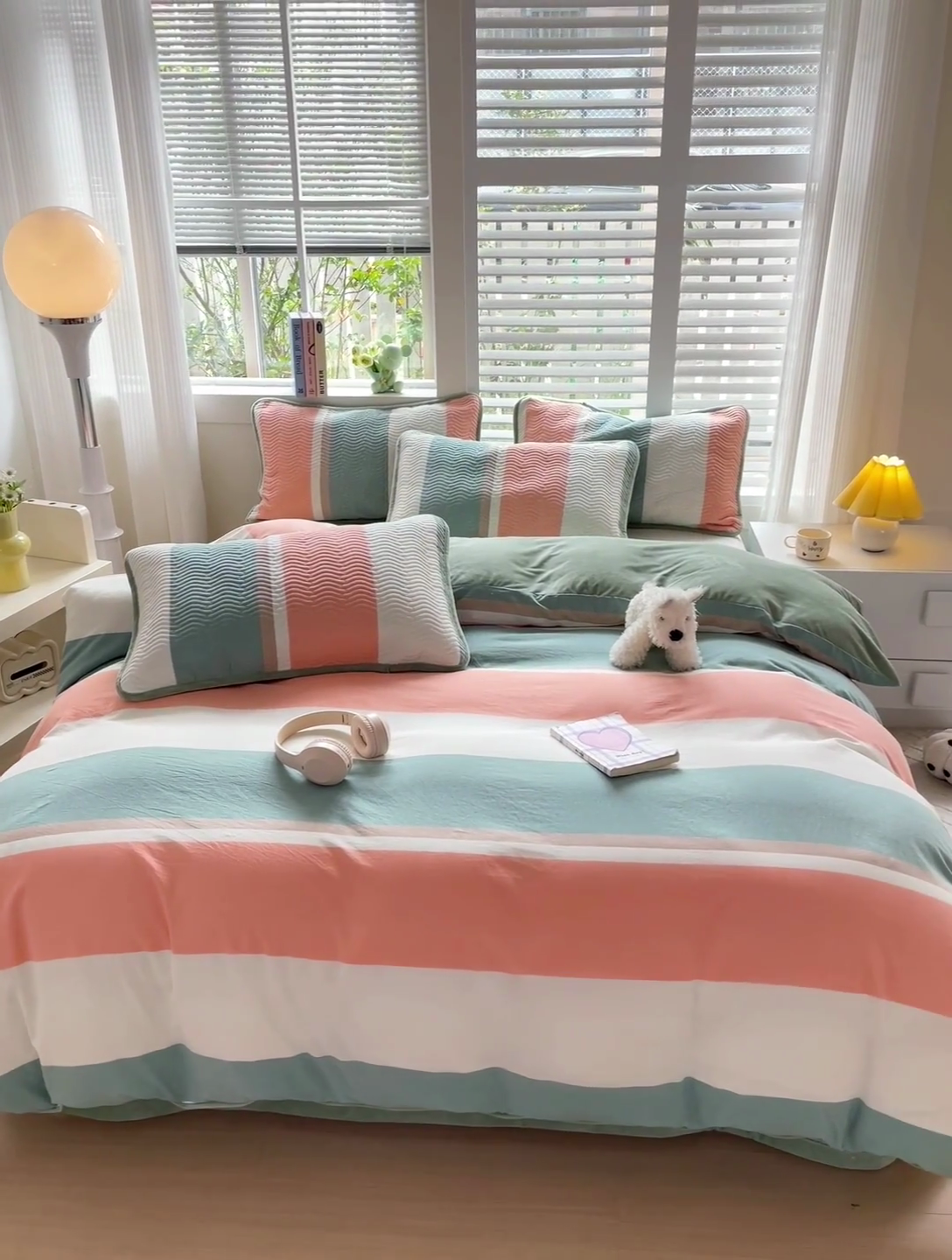 91家纺网 家纺一手货源 找家纺 羽爱家纺 2024新款全棉色织水洗宝宝绒床盖四件套 绿橘