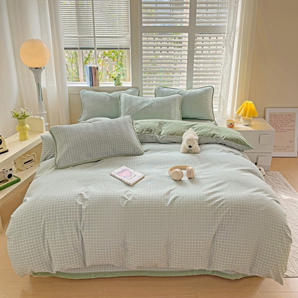 羽爱家纺 2024新款全棉色织水洗宝宝绒床盖四件套 绿色心情