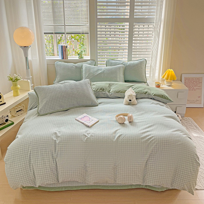 91家纺网 家纺一手货源 找家纺 羽爱家纺 2024新款全棉色织水洗宝宝绒床盖四件套 绿色心情