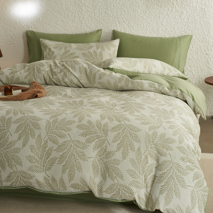 91家纺网 家纺一手货源 找家纺 慕尚家纺 2025新款磨毛提花双层纱四件套 森木绿