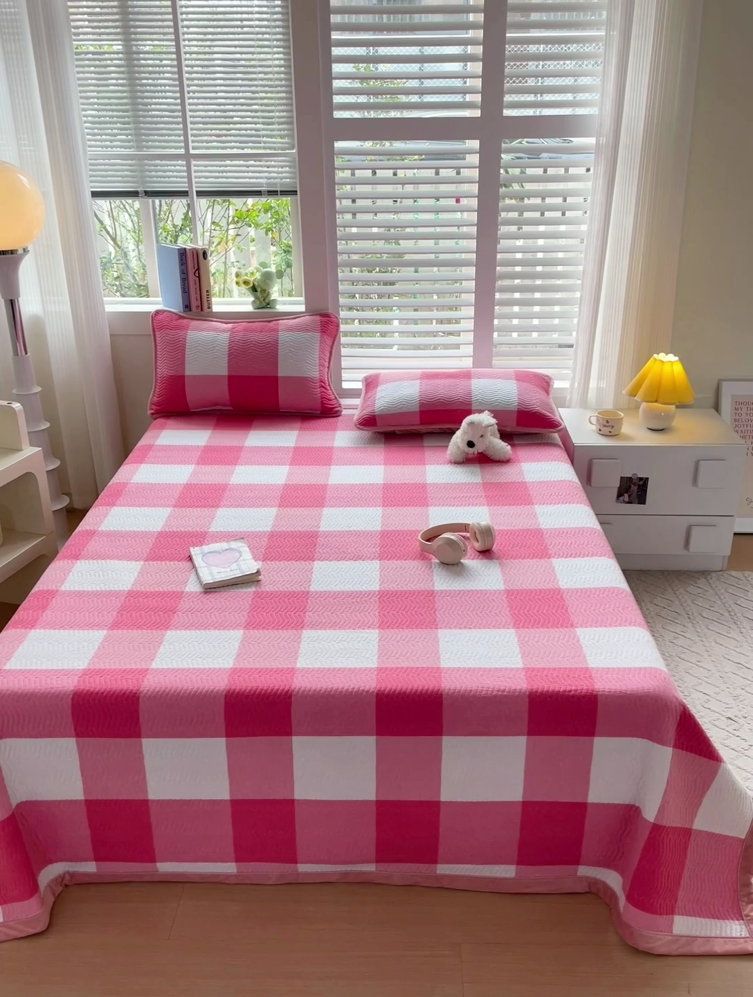 91家纺网 家纺一手货源 找家纺 羽爱家纺 2024新款全棉色织水洗宝宝绒床盖三件套 红格