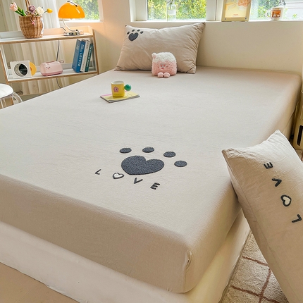 91家纺网 家纺一手货源 找家纺 3C 2024新款全棉色织水洗棉可爱毛巾绣床笠 心情-棕