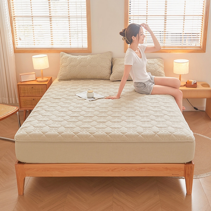 91家纺网 家纺一手货源 找家纺 3C 2024新款全棉水洗棉夹棉床笠-浅语系列 浅语-卡其