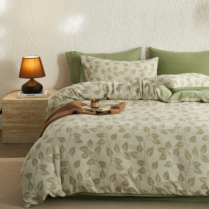 91家纺网 家纺一手货源 找家纺 慕尚家纺 2025新款磨毛提花双层纱四件套 叶韵绿