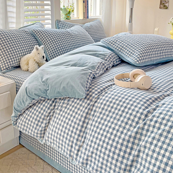 91家纺网 家纺一手货源 找家纺 羽爱家纺 2024新款全棉色织水洗宝宝绒床盖四件套 君子兰