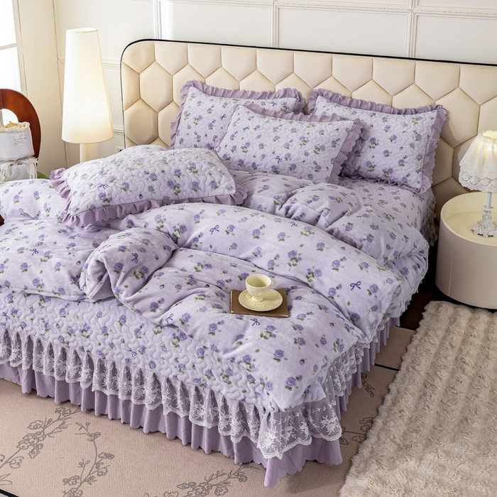 91家纺网 家纺一手货源 找家纺 美莱家纺 2024直播热款加厚秋冬牛奶绒床盖单件床罩床盖四件套 心动玫瑰