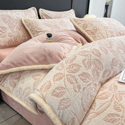倾慕家纺 2024新款兔毛包边浮雕绒套件单被套 兔毛包边爱意浓粉