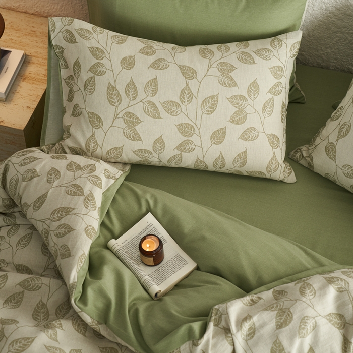 91家纺网 家纺一手货源 找家纺 慕尚家纺 2025新款磨毛提花双层纱四件套 叶韵绿