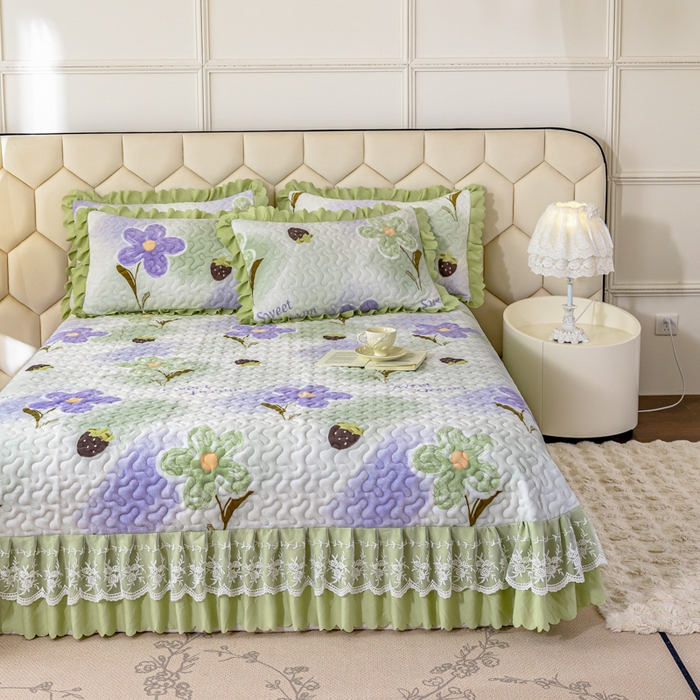 91家纺网 家纺一手货源 找家纺 美莱家纺 2024直播热款加厚秋冬牛奶绒床盖单件床罩床盖四件套 花意满满绿