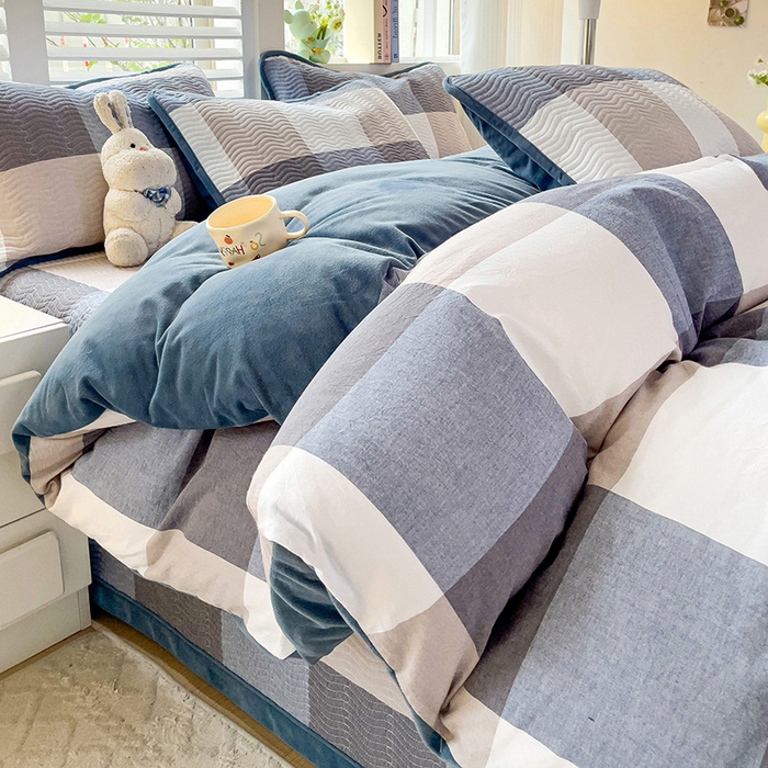 91家纺网 家纺一手货源 找家纺 羽爱家纺 2024新款全棉色织水洗宝宝绒床盖四件套 沁兰