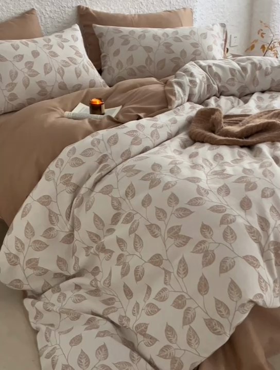 91家纺网 家纺一手货源 找家纺 慕尚家纺 2025新款磨毛提花双层纱四件套 叶韵咖