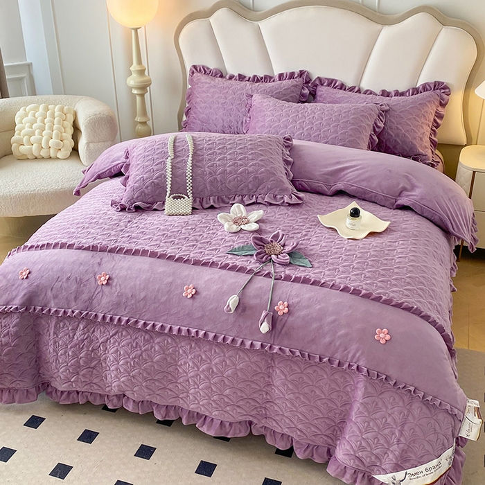 91家纺网 家纺一手货源 找家纺 兴美佳家纺 2024新款水晶绒全加棉床盖四件套-冬之恋 冬之恋-紫色