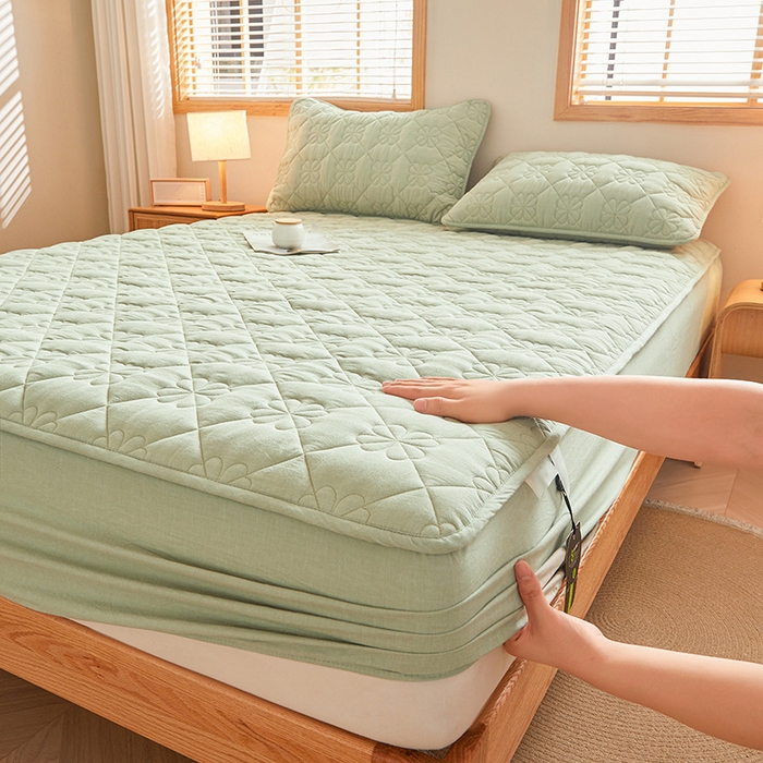 91家纺网 家纺一手货源 找家纺 3C 2024新款全棉水洗棉夹棉床笠-浅语系列 浅语-青果绿