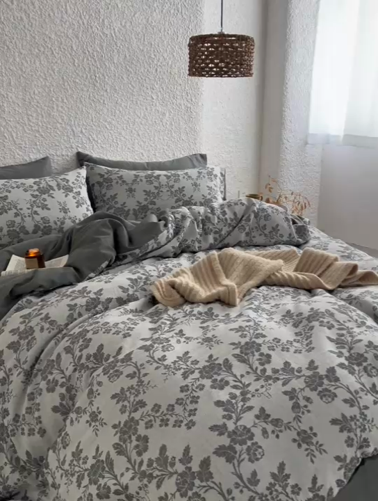 91家纺网 家纺一手货源 找家纺 慕尚家纺 2025新款磨毛提花双层纱四件套 清雅灰